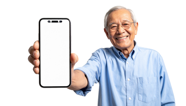 Happy elderly man holds a smartphone with a blank screen, displaying a friendly expression.