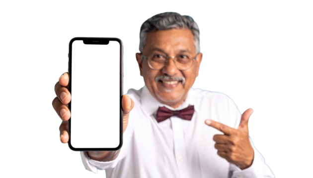 A senior person presenting a blank phone screen, demonstrating modern technology. He is wearing glasses and a bow tie, making it accessible to many