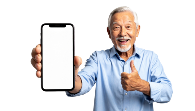 A happy senior man holding a modern smartphone and giving a thumbs up. A perfect representation of modern tech usage in senior life.