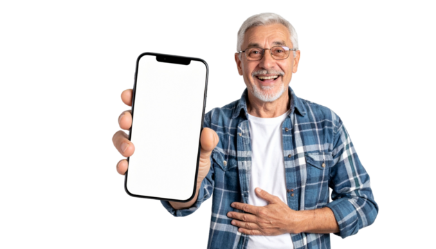 An Elderly Man Smiling and Presenting a Smartphone