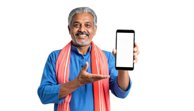 Smiling man holding a smartphone with a blank screen, perfect for showcasing your content
