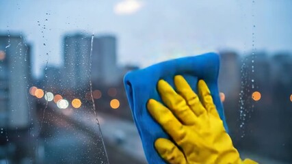 Hand in yellow glove cleaning window with blue cloth outdoors cityscape blurred Video