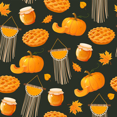 Vector seamless pattern with pumpkins, pumpkin pies, jars of jam, macrame and autumn leaves isolated on a dark green background. Cozy fall design, perfect for seasonal packaging, fabric, wrapping pap