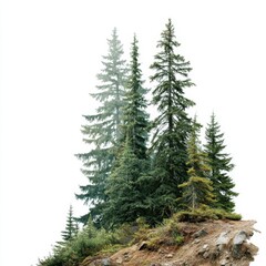 Obraz premium Tall evergreen trees stand on a rocky hillside against a bright, white sky, creating a natural and serene landscape.