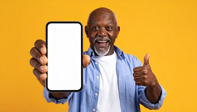 An older man cheerfully presents a smartphone screen, offering a thumbs-up against a bright yellow backdrop