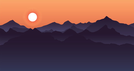 Mountain Sunset Landscape with Orange Sky – Serene Layered Hills Silhouette Vector Illustration