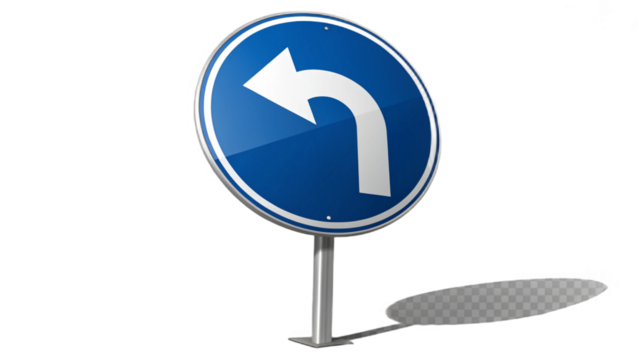 A blue and white turn left road sign on a silver pole with a shadow on a black background is visible