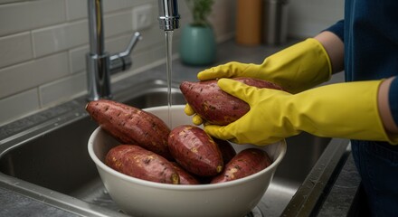 Washing sweet potatoes in the kitchen wearing yellow rubber gloves