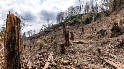 Deforestation impact on landscape showing tree stumps and barren land with cloudy sky above, illustrating environmental degradation and loss of biodiversity