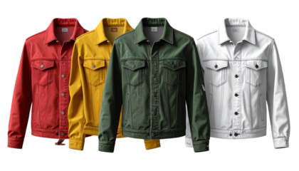 Set of Three Denim Jackets in White, Black, and red Isolated on Transparent Background PNG