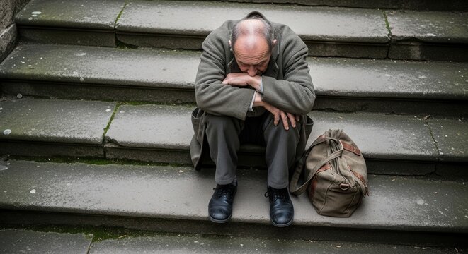 An old man sitting on the stairs, feeling listless and depressed