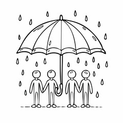 Four people holding hands under an umbrella in the rain.