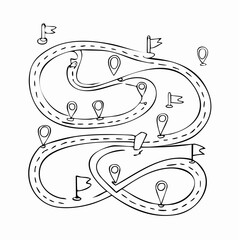 Hand drawn winding road with flags and location pins.