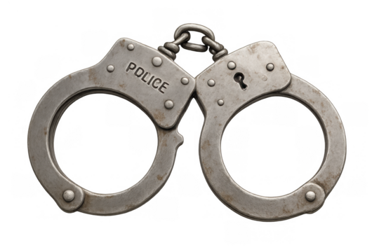 Metal handcuffs representing arrest, crime, law, justice, and police activity on a transparent background