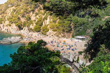 Girona, Spain-August 13, 2025. View of Sa Boadella Cala from Santa Clotilde Gardens, Lloret de Mar, Costa Brava, Spain
