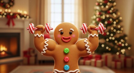 Strong gingerbread man lifting candy cane weights, Christmas spirit
