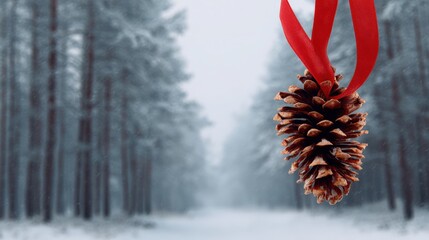 Close-up of a pine cone hanging from a red ribbon. the pine cone is in the center of the image, with the red ribbon looped around it. the background is a snowy forest with tall trees covered in snow.