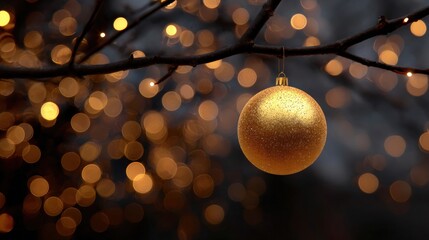 Close-up of a golden christmas bauble hanging from a tree branch. the bauble is round and shiny, with a small loop at the top for hanging.