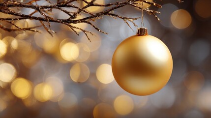 Close-up of a golden christmas bauble hanging from a tree branch. the bauble is round and shiny, with a small loop at the top for hanging.