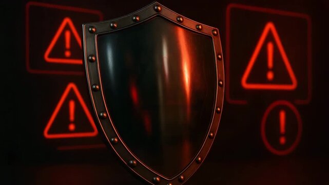 A striking shield symbolizing adaptive protection with glowing red alerts, embodying a modern approach to digital security.