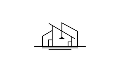 A clean, modern line art logo representing architecture and real estate. Features abstract buildings with a central lamp, symbolizing construction, interior design, and property development.