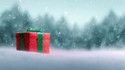 Small red gift box with a green ribbon tied around it, sitting on a snow-covered ground. the background is blurred, but it appears to be a snowy landscape with trees in the distance.