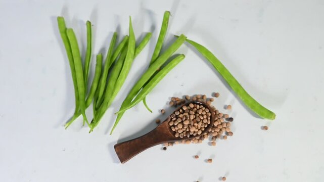 cluster beans or gawar phali(guar) and seed on the white background,cyamopsis tetragonoloba
