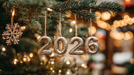 Horizontal banner with shiny numbers '2026' on a pine branch. Gently swinging like ornaments  with sparkling lights and snowflakes.