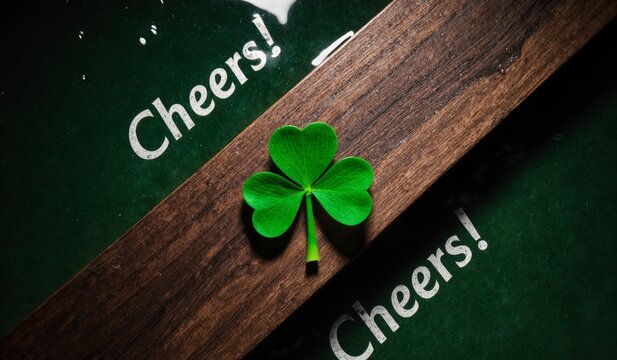 Celebrate with a lucky clover on a wooden surface with cheerful beverages Generative AI