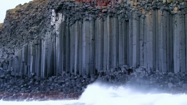 Dramatic Coastal Basalt Columns and Crashing Waves Scenic View.