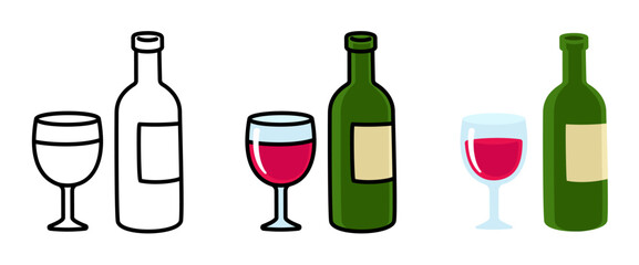 Wine bottle and glass hand drawn doodle. Black and white line icon, color and flat cartoon drawing. Simple vector clip art illustration.