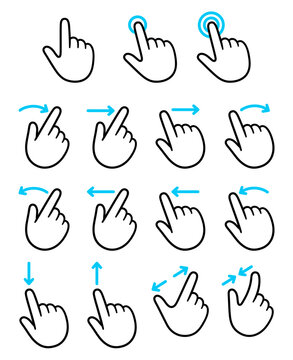 Touch screen  finger gestures icons. Tap, swipe, scroll, drag, pinch to zoom. Cartoon hand drawn vector illustration set.