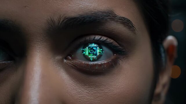 cybersecurity and biometric iris scanner displayed in eye overlay. authentication and technology elements on monitor and console. security interface indicates access control and identity verification.