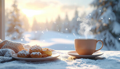 Steaming cup of coffee and pastries on snowy morning create cozy winter scene