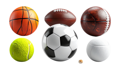 3D Render Collection of Various Sports Balls Isolated on Transparent Background PNG
