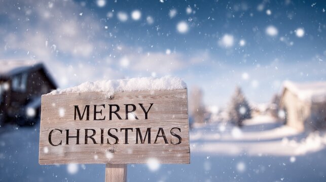 Photograph of a wooden sign with the words "merry christmas" written on it in black capital letters. the sign is attached to a wooden pole and is covered in snow.