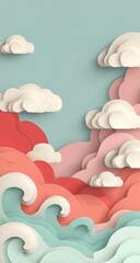 Paper-cut style clouds and waves, pastel colors