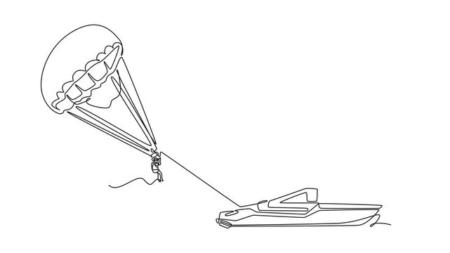 Self drawing animation of single line draw person is parasailing, suspended beneath parachute and towed by speed boat. Thrill and airborne freedom extreme sport. Continuous line. Full length animated