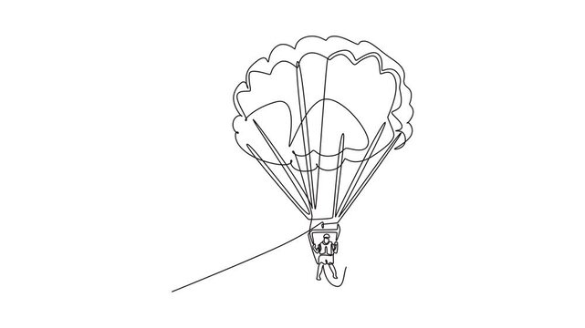 Self drawing animation of single line draw person is parasailing, suspended beneath fully inflated parachute, soaring airborne, thrill and freedom extreme sport. Continuous line. Full length animated