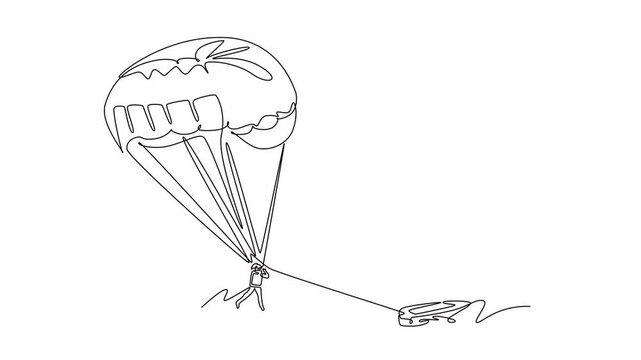 Self drawing animation of single line draw person is parasailing, suspended beneath parachute and towed by boat, thrill and airborne freedom of the extreme sport. Continuous line. Full length animated