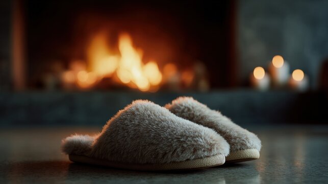 Pair of fluffy slippers on a wooden floor in front of a fireplace. the slippers are light brown in color and appear to be made of a soft, furry material.