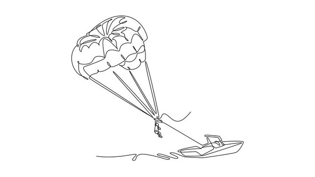 Self drawing animation of single line draw person is parasailing high over the water, towed by a boat, dynamic thrill and airborne freedom of extreme sport. Continuous line draw. Full length animated