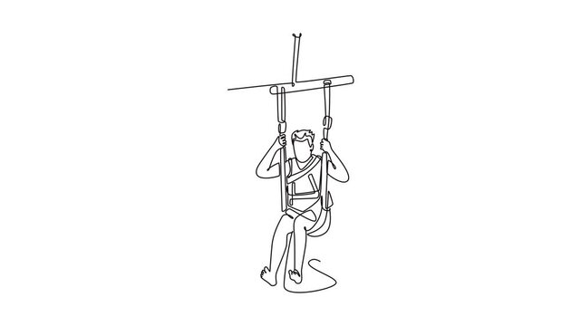 Self drawing animation of single line draw young man is parasailing, suspended high above water, holding bar firmly, thrill and airborne freedom of extreme sport. Continuous line. Full length animated