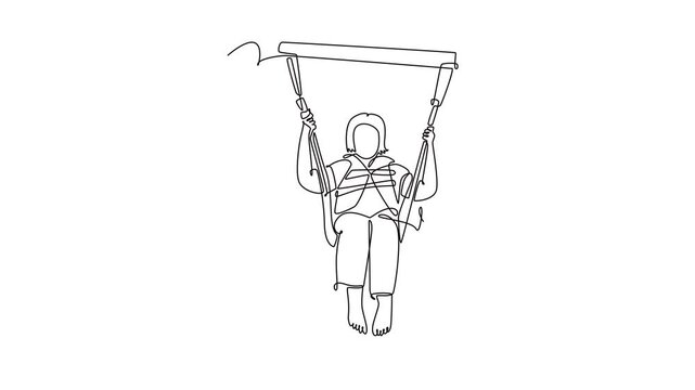 Self drawing animation of single line draw woman is parasailing, suspended airborne and smiling while holding a bar firmly, thrill and joy of extreme sport. Continuous line draw. Full length animated