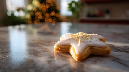 Single star-shaped cookie on a marble countertop. the cookie is golden brown in color and has a white icing drizzled over it. the icing is decorated with small gold sprinkles.