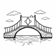 Handdrawn sketch of a suspension bridge over a river with clouds in the sky.