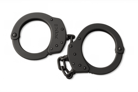 Handcuffs, dark metal restraint for arrest and law enforcement, crime and justice concept on transparent background