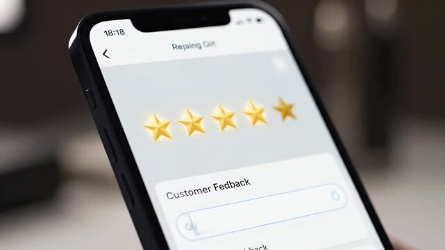 Close Up of Smartphone Displaying Customer Feedback Screen with Gold Stars Rating on Light Gray Background