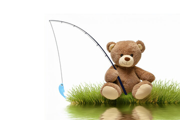 水辺で釣りをするテディベア