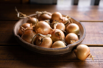 Freshly harvested onions resting in a wooden bowl on a rustic table